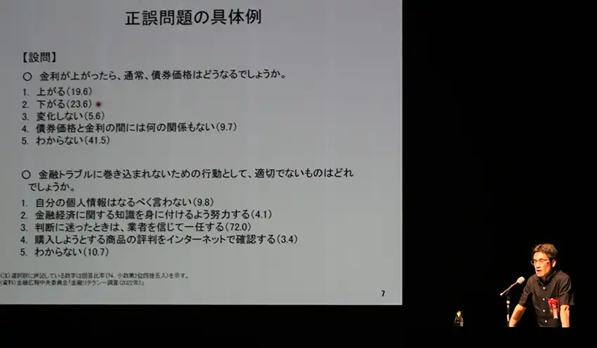 基調講演する小島支店長（11月25日、国立劇場おきなわ　小劇場、おきなわフィナンシャルグループ提供）