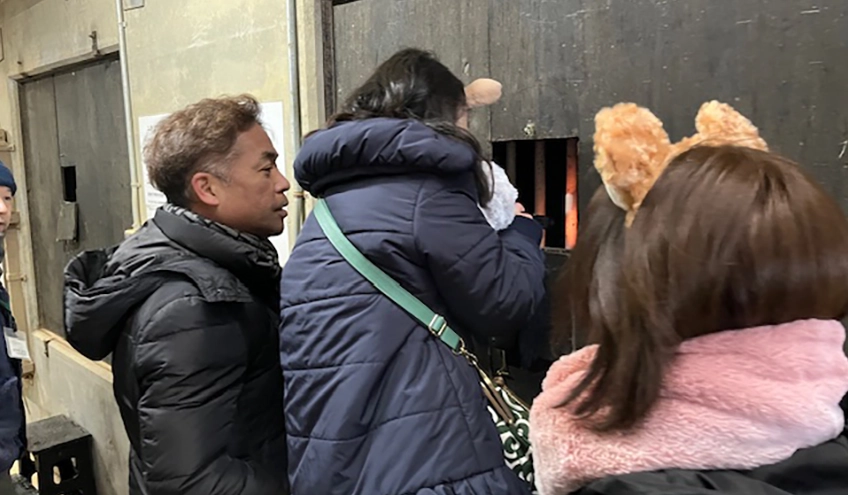冬眠しているツキノワグマを観察する参加者(1月26日、盛岡市動物公園、岩手銀提供)