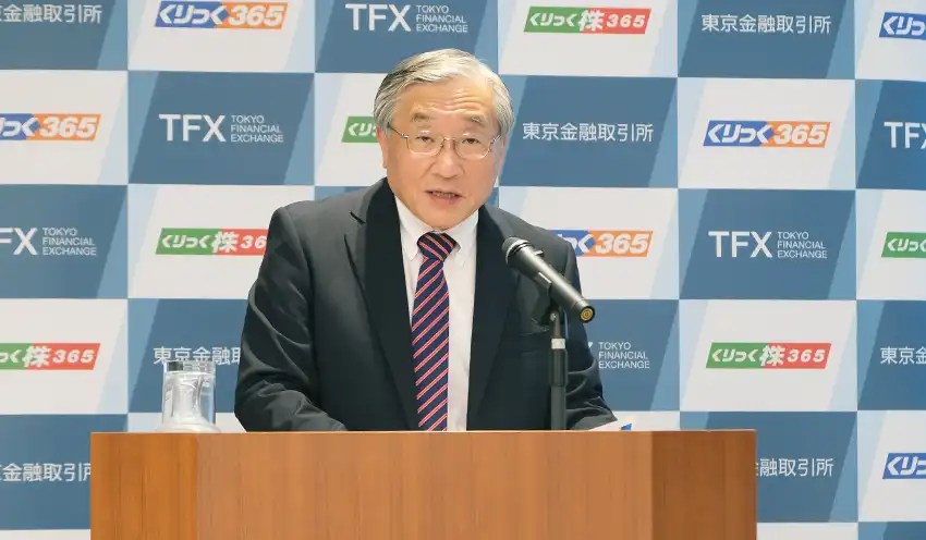 決算説明する東京金融取引所の廣田社長(5月22日、鉄鋼ビルディング)