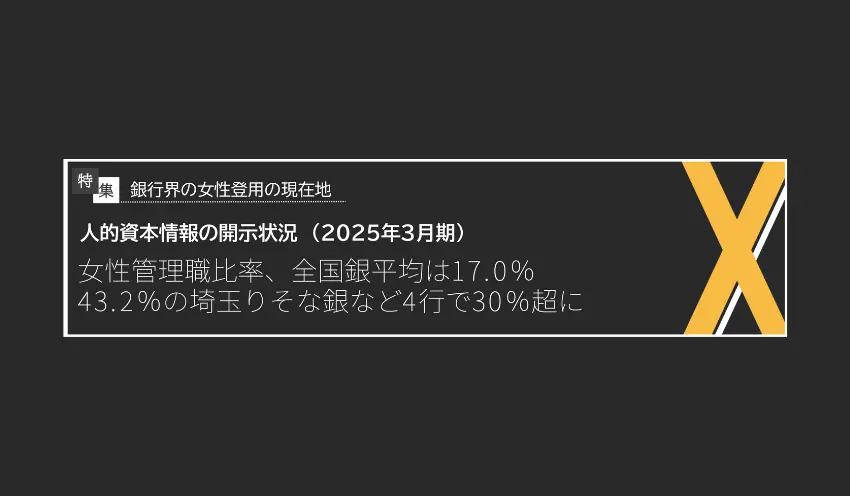 人的資本情報の開示状況（2025年3月期）女性管理職比率、全国銀平均は17. 0％　43. 2％の埼玉りそな銀など4行で30％超に - 記事画像
