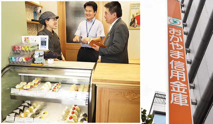 創業後の現状について話す（左から）鞠子さん、杉谷上席課長代理、末津次長（7月24日、パティスリーマリル）