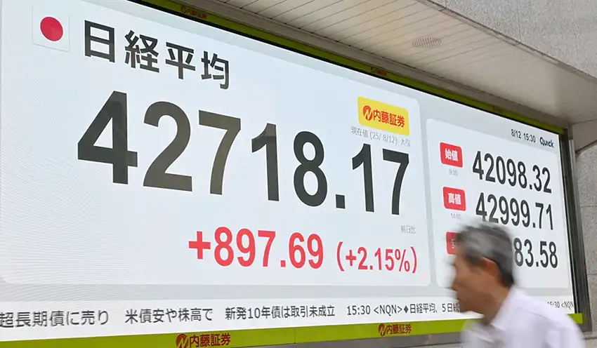 日経平均株価は24年7月11日の水準（4万2224円02銭）を上回り、史上最高値更新した（8月12日、茅場町）