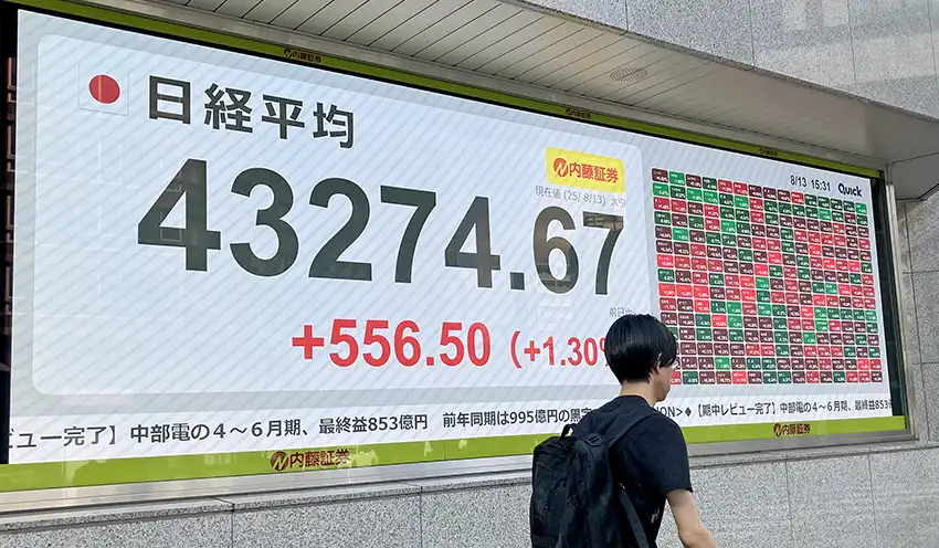 日経平均株価は4万3000円を上回って史上最高値を更新した（8月13日、茅場町）