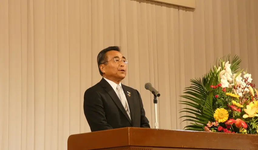 １００周年の感謝を述べる野見山理事長（９月６日、ソラリア西鉄ホテル福岡）