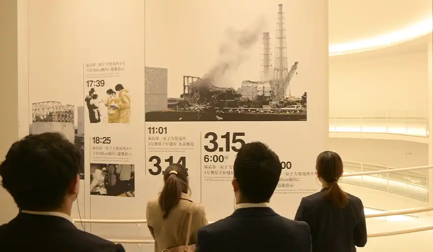 史料を通じて当時の状況を学ぶ受講者（10月9日、東日本大震災・原子力災害伝承館）